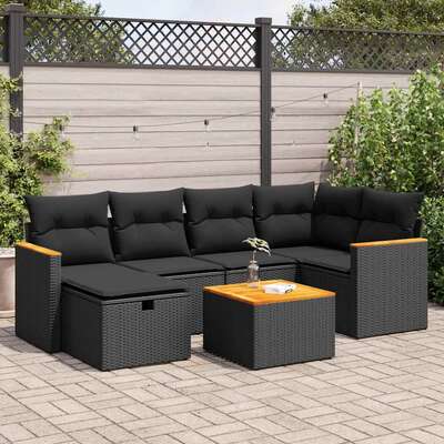 7 Piece Garden Sofa Set with Cushions Black Poly Rattan  - Sleek