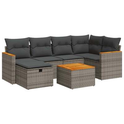 7 Piece Garden Sofa Set with Cushions Grey Poly Rattan - Modern Outdoor