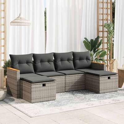 6 Pcs Garden Sofa Set with Cushions Grey Poly Rattan - Garden Comfort