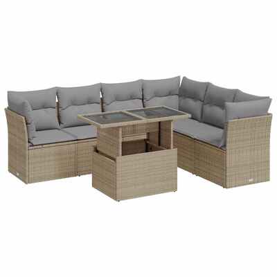 7 Piece Garden Sofa Set with Cushions Beige Poly Rattan - Modern Outdoor