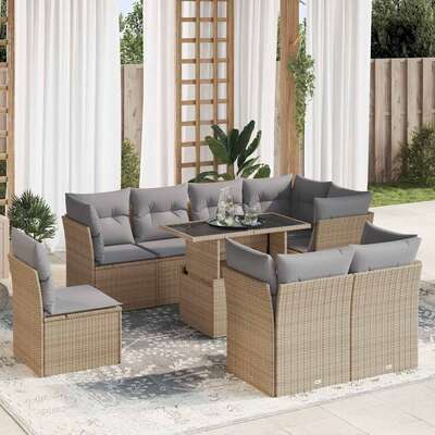 Garden Sofa Set with Cushions Modular Sofa 9 Piece Beige Poly Rattan - Modern Comfort