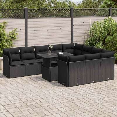 Garden Sofa Set with Cushions Modular Sofa 11 Piece Black Poly Rattan  - Ultimate Comfort