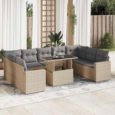 Garden Sofa Set with Cushions Modular Sofa 10 Piece Beige Poly Rattan - Outdoor Relaxation