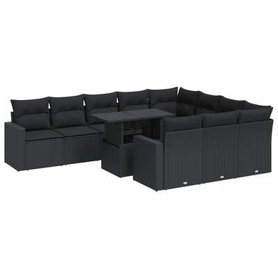 11 Piece Garden Sofa Set with Cushions Black Poly Rattan - Elegant & Comfortable