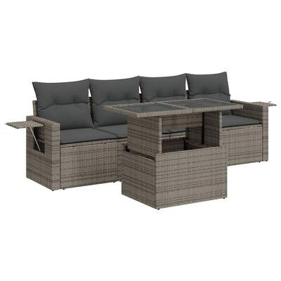 5 Pcs Garden Sofa Set with Cushions Grey Poly Rattan - Outdoor Luxury