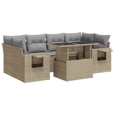 7 Piece Garden Sofa Set with Cushions Beige Poly Rattan - Outdoor Comfort