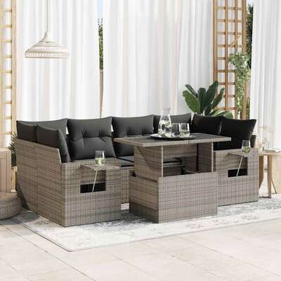 7 Pcs Garden Sofa Set with Cushions Grey Poly Rattan - Outdoor Luxury