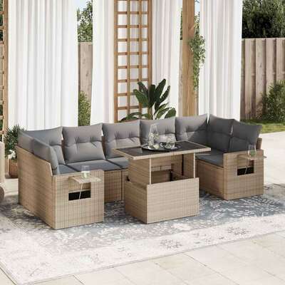 8 Piece Garden Sofa Set with Cushions Beige Poly Rattan - Outdoor Luxury