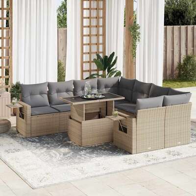 9 Piece Garden Sofa Set with Cushions Beige Poly Rattan - Outdoor Luxury