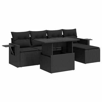 Elegant 6 - Piece Garden Sofa Set with Cushions Black Poly Rattan