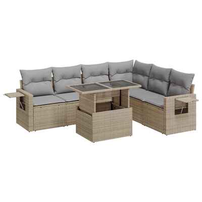 7 Piece Garden Sofa Set with Cushions Beige Poly Rattan - Outdoor Luxury