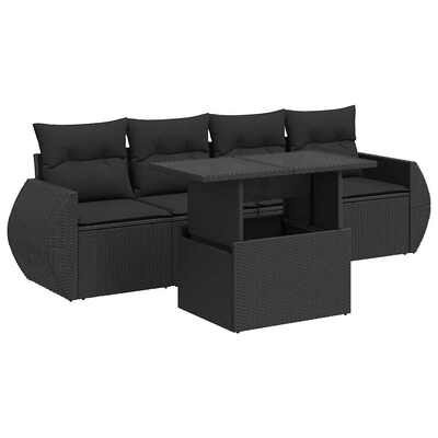 Modern Garden Sofa Set with Cushions Modular Sofa 5 Piece Black Poly Rattan