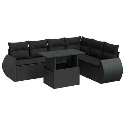 Durable 7 Piece Garden Sofa Set with Cushions Black Poly Rattan