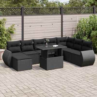 Luxurious 9 Piece Garden Sofa Set with Cushions Black Poly Rattan