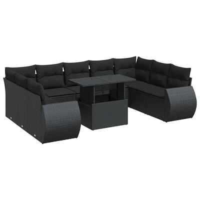 10 Piece Garden Sofa Set with Cushions Black Poly Rattan 