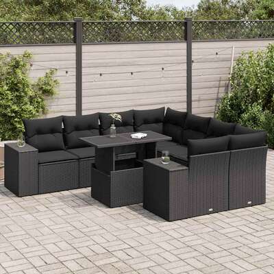 9 Piece Garden Sofa Set with Cushions Black Poly Rattan - Comfy & Chic