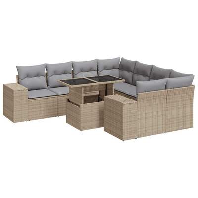 Sleek 9 Piece Garden Sofa Set with Cushions Beige Poly Rattan