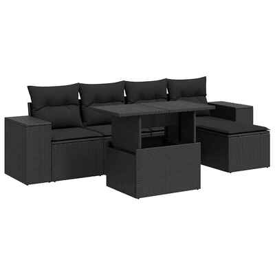 6 Piece Garden Sofa Set with Cushions Black Poly Rattan - Durable