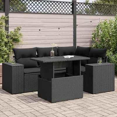 5 Piece Garden Sofa Set with Cushions Black Poly Rattan - Durable