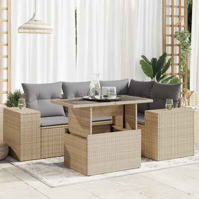 Luxurious 5 Piece Garden Sofa Set with Cushions Beige Poly Rattan