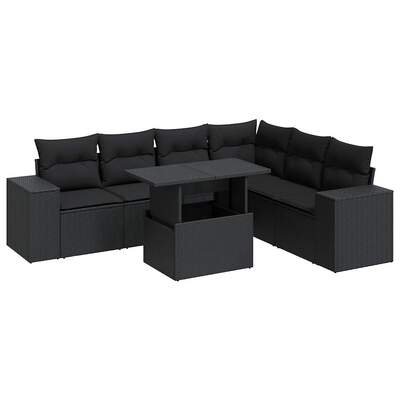 7 Pcs Garden Sofa Set with Cushions Black Poly Rattan - Durable