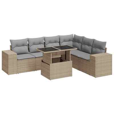 Stylish 7 Piece Garden Sofa Set in Beige Poly Rattan with Cushions