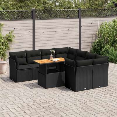 Garden Sofa Set with Cushions Modular Sofa 9 Pcs Black Poly Rattan - Sleek & Functional