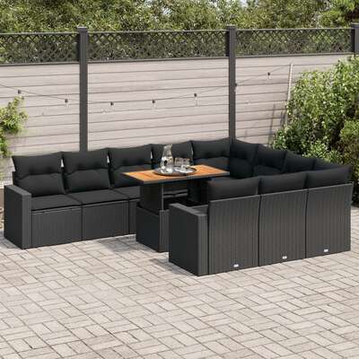 Garden Sofa Set with Cushions Modular Sofa 11 Piece Black Poly Rattan - Relax in Style