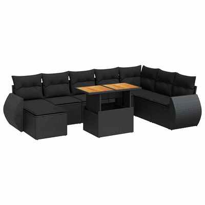 Elegant 9 Pcs Garden Sofa Set with Cushions Black - Poly Rattan