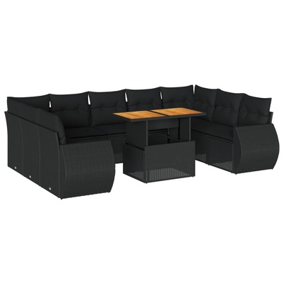 Modern Garden Sofa Set with Cushions Modular Sofa 10 Piece Black Poly Rattan