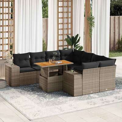 Garden Sofa Set with Cushions Modular Sofa 9 Piece Grey Poly Rattan - Modern Comfort