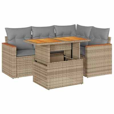 5 Piece Garden Sofa Set with Cushions Beige Poly Rattan Acacia - Modern