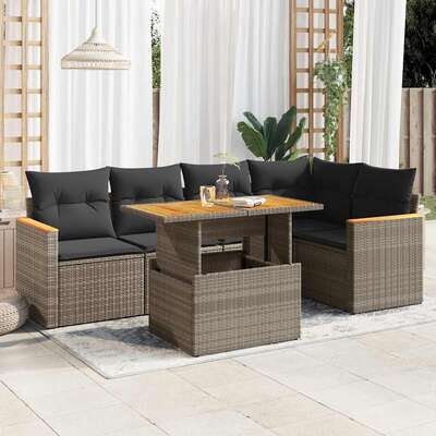 5 Piece Garden Sofa Set with Cushions Grey Poly Rattan Acacia - Enjoy Ultimate Comfort 