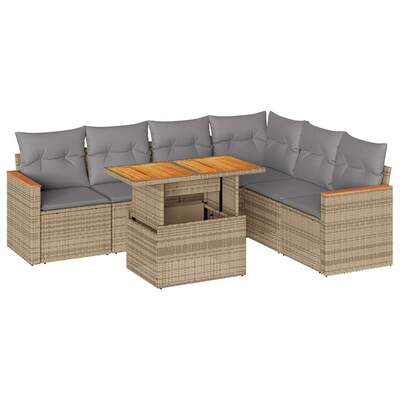 7 Piece Garden Sofa Set with Cushions Beige Poly Rattan Acacia 