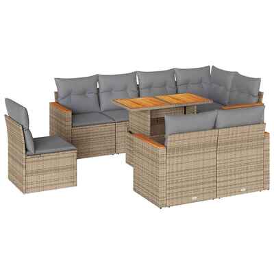 9 Piece Garden Sofa Set with Cushions Beige Poly Rattan Acacia - Outdoor Living