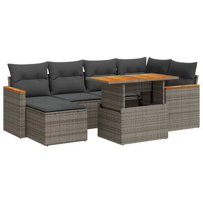 7 Piece Garden Sofa Set with Cushions Grey Poly Rattan Acacia - Modern Outdoor