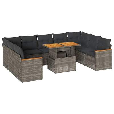 10 Piece Garden Sofa Set with Cushions Grey Poly Rattan Acacia - Comfort & Style