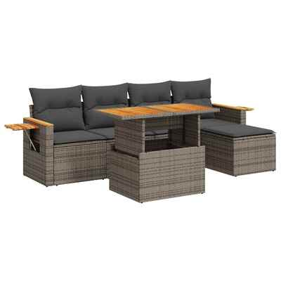 7 Piece Garden Sofa Set with Cushions Grey Poly Rattan Acacia - Durable & Chic