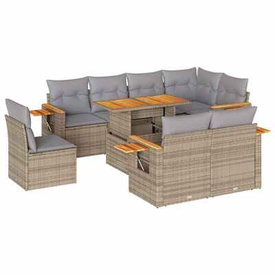 9 Piece Garden Sofa Set with Cushions - Beige Poly Rattan Acacia