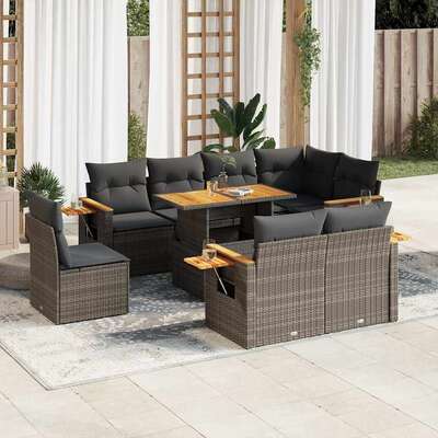 9 Piece Garden Sofa Set with Cushions - Grey Poly Rattan Acacia