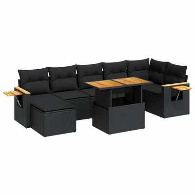 Stylish 8 Piece Garden Sofa Set with Cushions - Black Poly Rattan Acacia