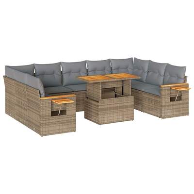 10 Piece Garden Sofa Set with Cushions Beige Poly Rattan Acacia  - Durable & Chic