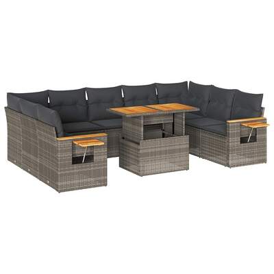 10 Piece Garden Sofa Set with Cushions Grey Poly Rattan Acacia - Durable & Chic