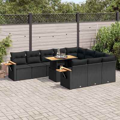 10 Piece Garden Sofa Set with Cushions - Black Poly Rattan Acacia