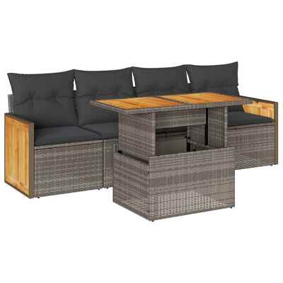 5 Pcs Garden Sofa Set with Cushions Grey Poly Rattan Acacia - Durable