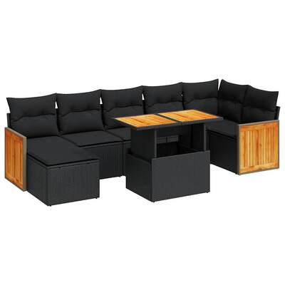 Stylish Comfort 7 Piece Garden Sofa Set with Cushions Black Poly Rattan Acacia