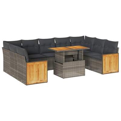 10 Piece Garden Sofa Set with Cushions Grey Poly Rattan Acacia - Durable