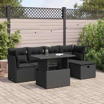 6 Pcs Garden Sofa Set with Cushions Black Poly Rattan - Versatile and Stylish