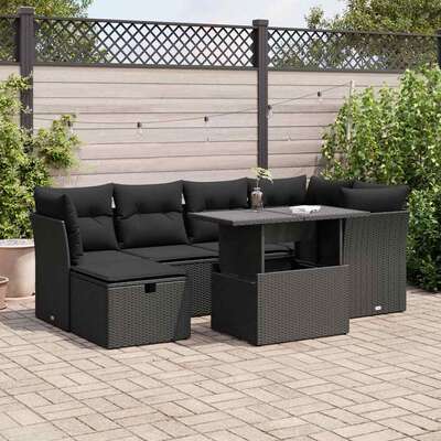 7 Piece Garden Sofa Set with Cushions Black Poly Rattan - Versatile and Stylish