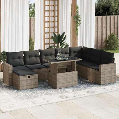 9 Piece Garden Sofa Set with Cushions Grey Poly Rattan - Sleek & Functional